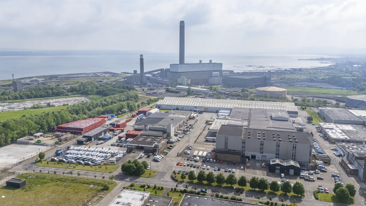Aerial view of Kilroot Power Station and Kilroot Business Park on Belfast Lough