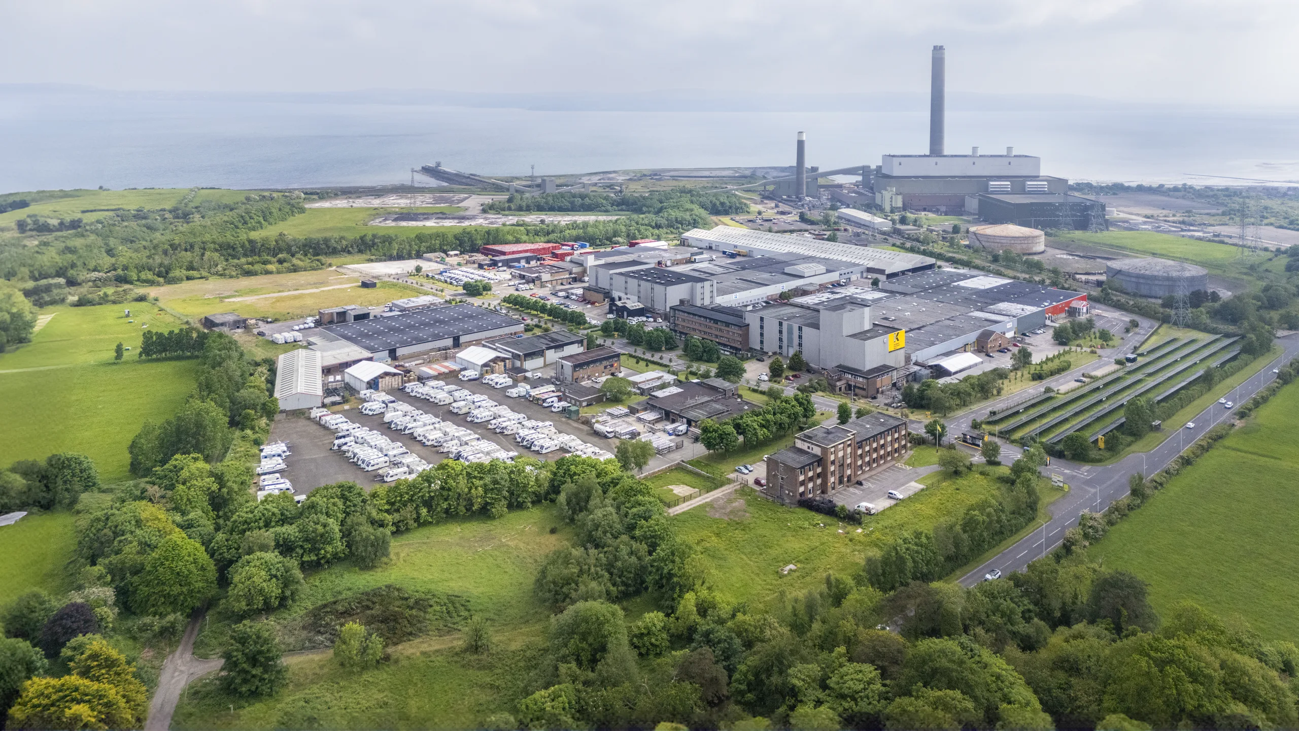 Aerial view of Kilroot Power Station, the 1MW solar farm and Kilroot Business Park